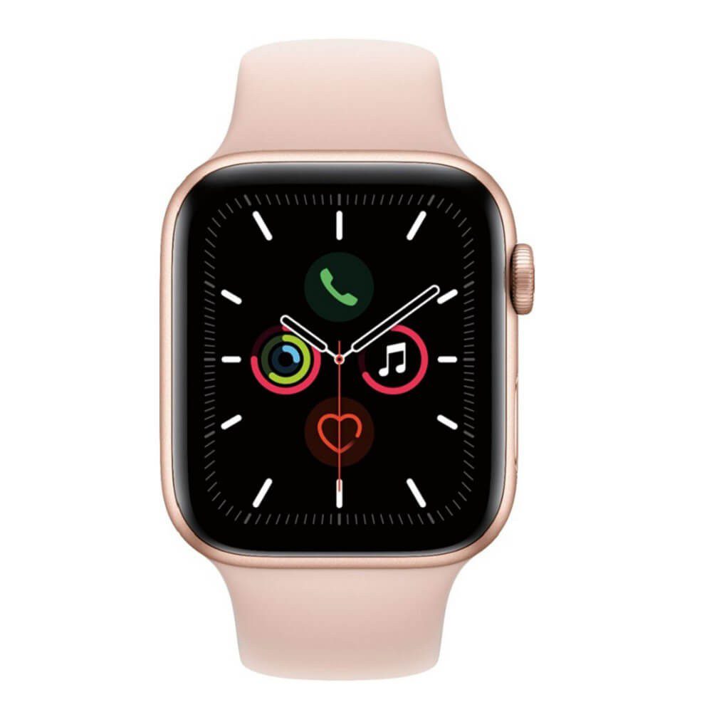 Apple - Apple Watch (último modelo) Serie 5 GPS de 44 mm cuerpo de aluminio en color oro con banda deportiva rosa - Oro MWVE2LZ