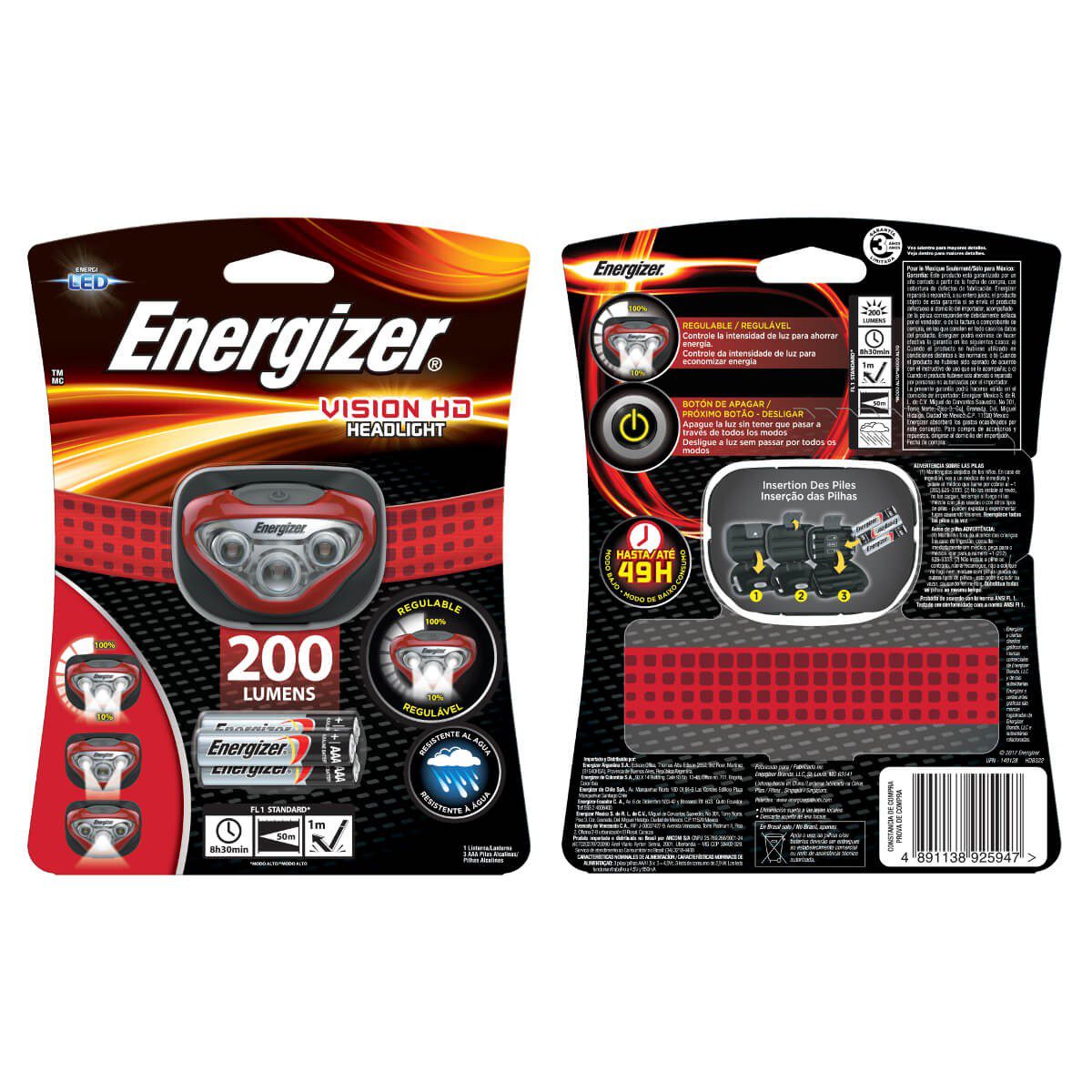 Energizer - Lámpara Vision HD Headlight - Rojo HDB32